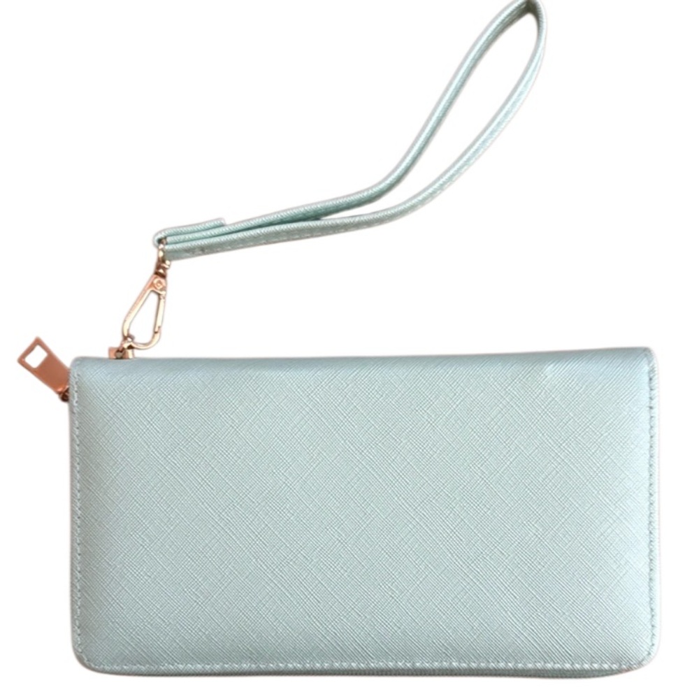 NWOT WOMEN WRISTLET CLUTCH HANDBAG PURSE MINT GREEN FAUX LEATHER WRIST STRAP